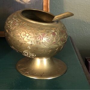 Vintage Hand Etched Etched Brass Enameled Ashtray